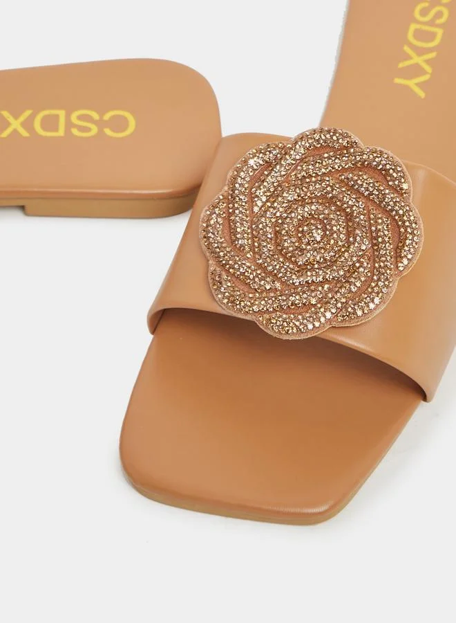 Take Two Embellished Flower Strap Flat Sandals by Styli