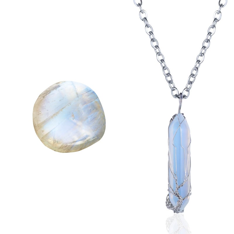 Halukakah Moonstone Necklace - LUNARLOVE - Handmade Platinum Plated Winding Tree of Life Wire, Natural Crystal Hexagonal Shape Pendant and 20" Chain, Gift for Her - Image 1