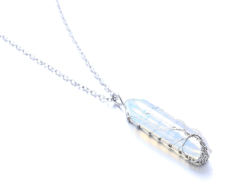 Halukakah Moonstone Necklace - LUNARLOVE - Handmade Platinum Plated Winding Tree of Life Wire, Natural Crystal Hexagonal Shape Pendant and 20" Chain, Gift for Her - Image 3