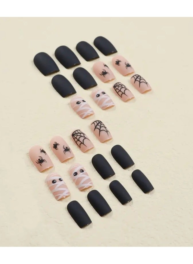 ORiTi 24pcs Matte Medium Square Nails, Nude Pink Press On Nails With Spider Web Mummy Design, Sweet Cool False Nails For Women - Image 2