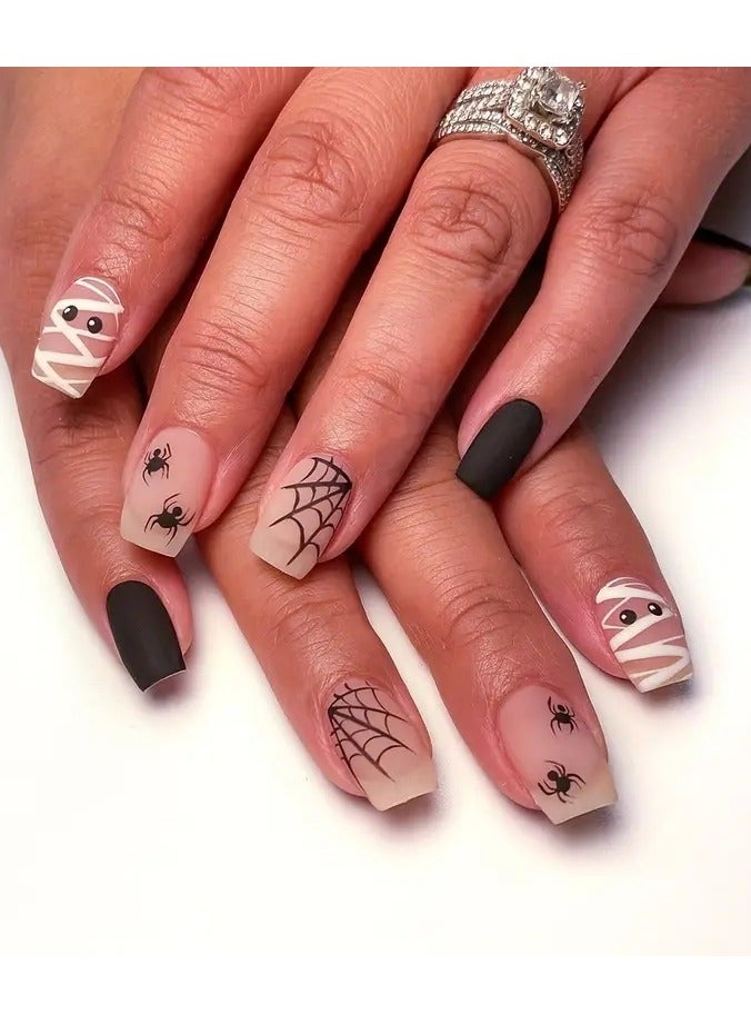 ORiTi 24pcs Matte Medium Square Nails, Nude Pink Press On Nails With Spider Web Mummy Design, Sweet Cool False Nails For Women - Image 1