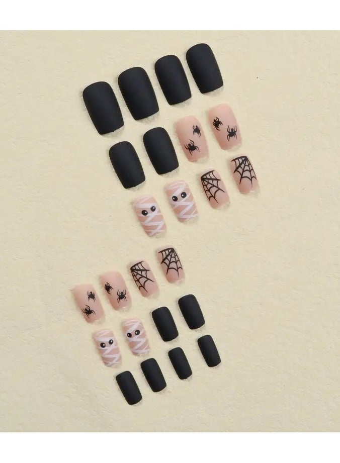 ORiTi 24pcs Matte Medium Square Nails, Nude Pink Press On Nails With Spider Web Mummy Design, Sweet Cool False Nails For Women - Image 5