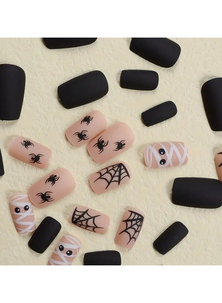 ORiTi 24pcs Matte Medium Square Nails, Nude Pink Press On Nails With Spider Web Mummy Design, Sweet Cool False Nails For Women - Image 3