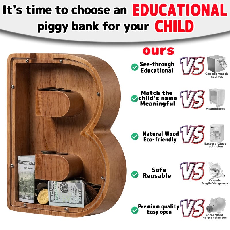 ladenk Piggy Bank for Kids Boys Girls, Wooden Large Letter Piggy Bank Alphabet Money Bank with Initial B, Coin Bank Fun Gifts for Birthday, Christmas, Festival, Baby Shower - Image 4