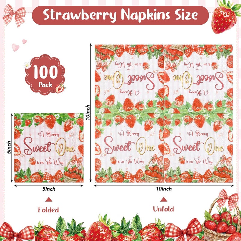 NatNarr 100 Pcs Strawberry Napkins, Strawberry Baby Shower Decorations Napkin Fruit Theme Disposable Cocktail Napkins for Baby Shower Birthday Party - Image 2