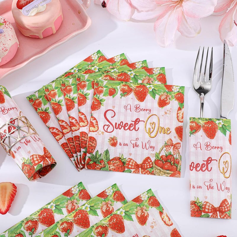 NatNarr 100 Pcs Strawberry Napkins, Strawberry Baby Shower Decorations Napkin Fruit Theme Disposable Cocktail Napkins for Baby Shower Birthday Party - Image 4