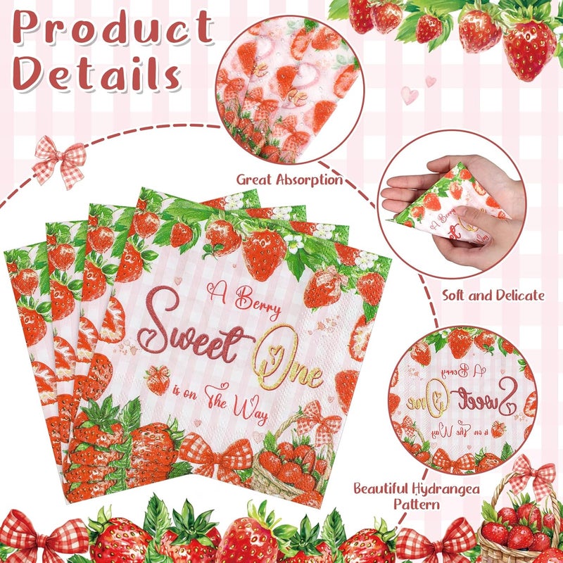 NatNarr 100 Pcs Strawberry Napkins, Strawberry Baby Shower Decorations Napkin Fruit Theme Disposable Cocktail Napkins for Baby Shower Birthday Party - Image 3