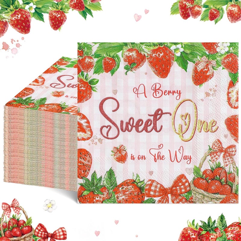 NatNarr 100 Pcs Strawberry Napkins, Strawberry Baby Shower Decorations Napkin Fruit Theme Disposable Cocktail Napkins for Baby Shower Birthday Party - Image 1