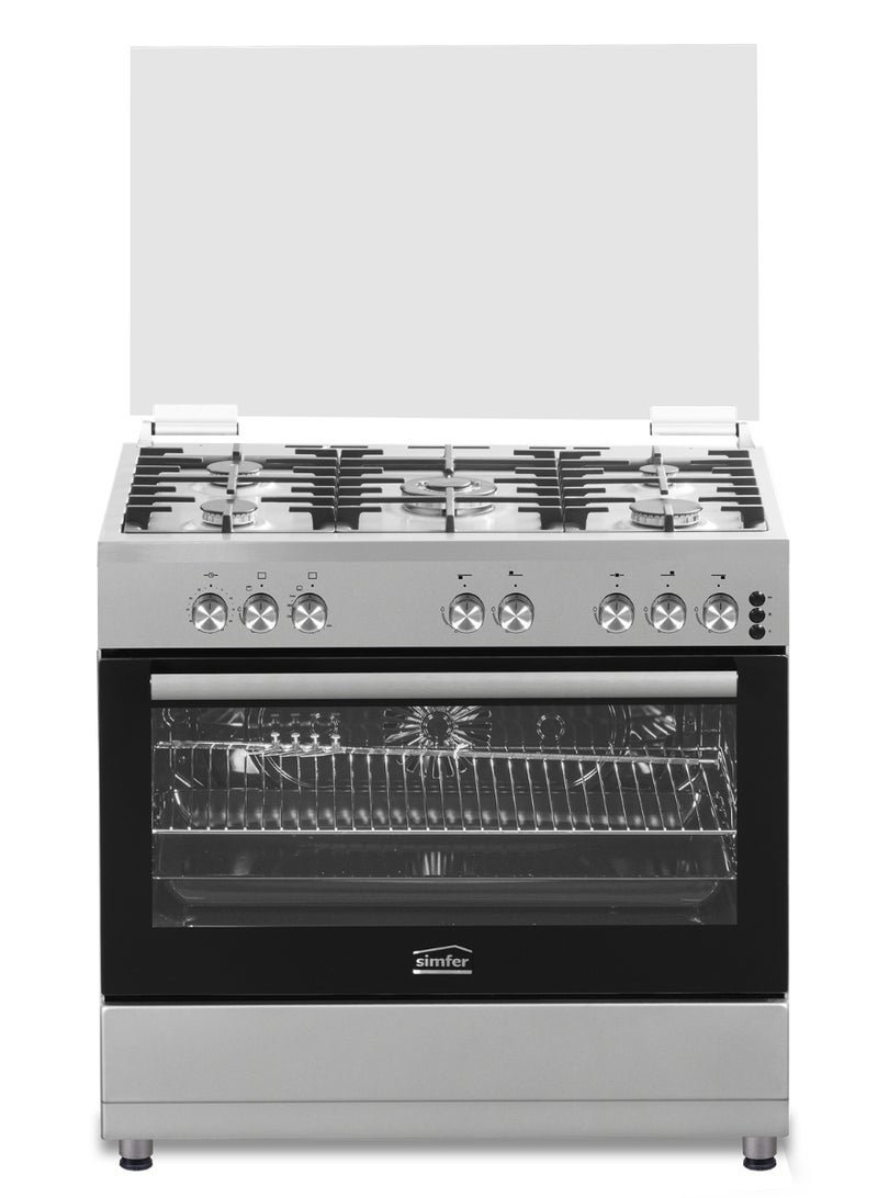 Gas Cooker 90x60 cm | 102L Oven Capacity | 5 Burner with Triple Wok | Turbo Fan Rotisserie Grill | Analog Timer Auto Ignition FFD | Stainless Steel | Model SMF9065GCL-N