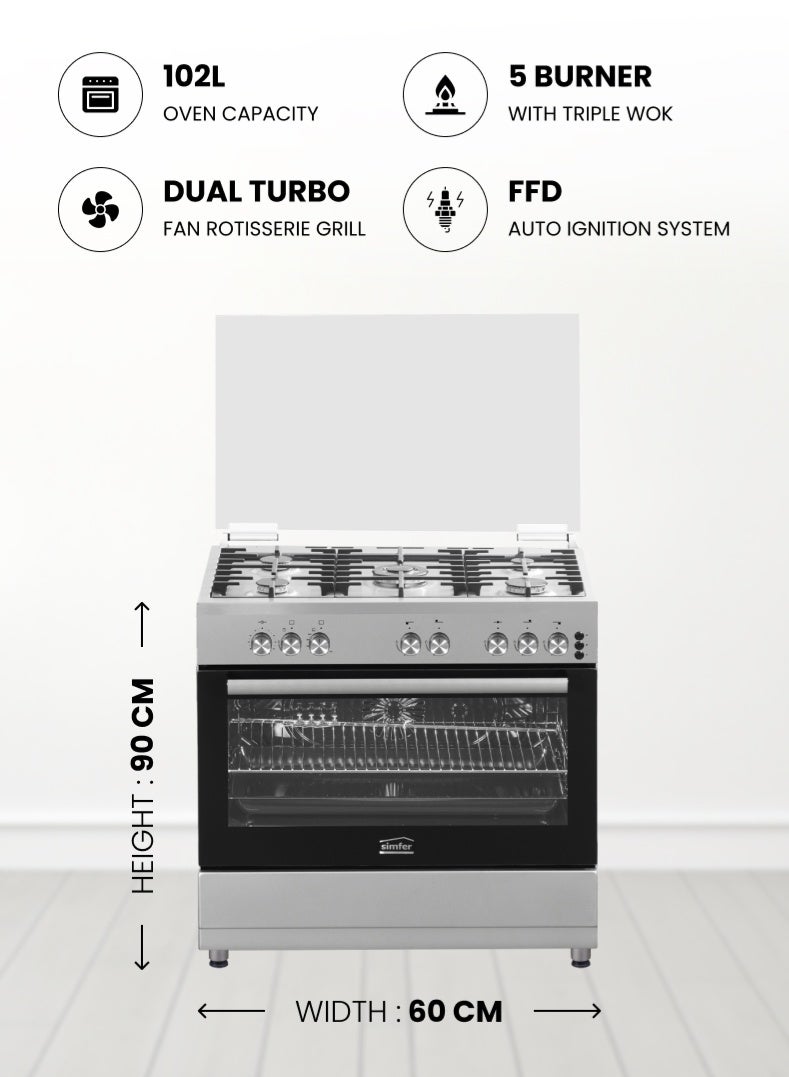 Simfer Gas Cooker 90x60 cm | 102L Oven Capacity | 5 Burner with Triple Wok | Turbo Fan Rotisserie Grill | Analog Timer Auto Ignition FFD | Stainless Steel | Model SMF9065GCL-N - Image 2