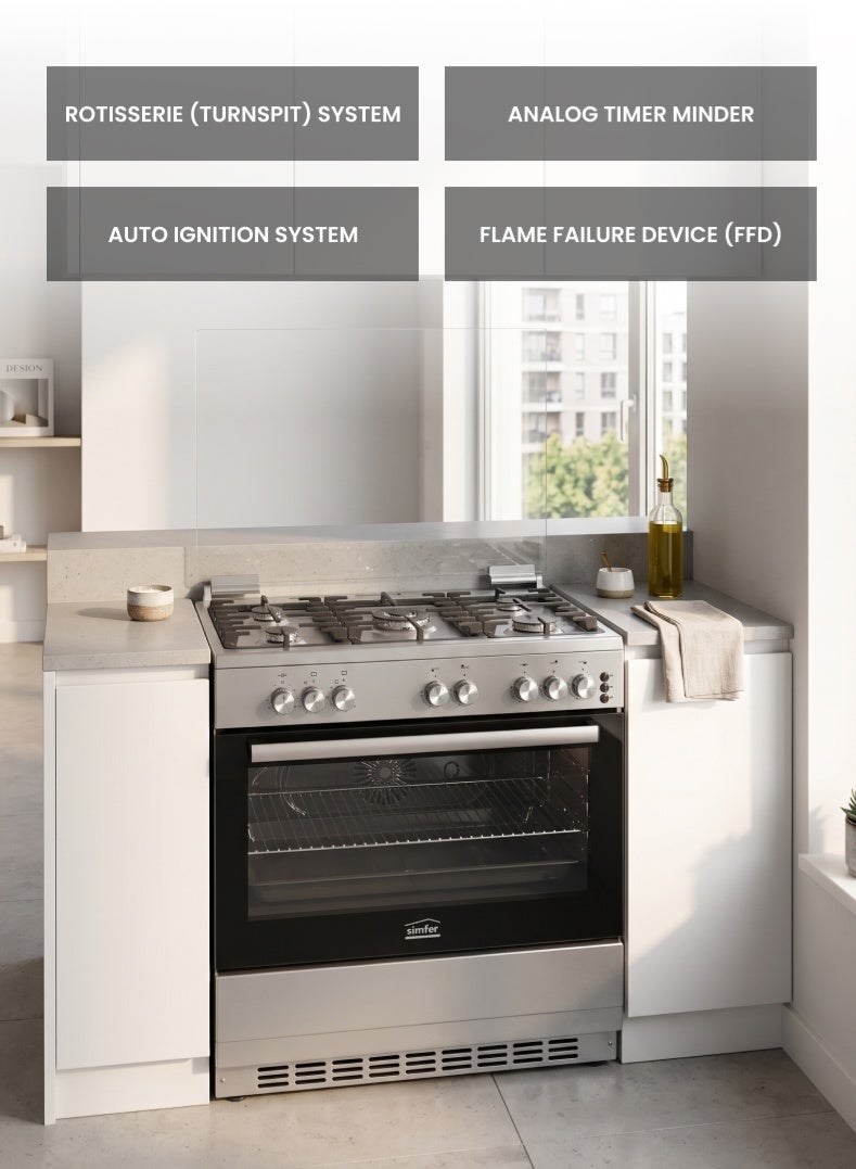 Simfer Gas Cooker 90x60 cm | 102L Oven Capacity | 5 Burner with Triple Wok | Turbo Fan Rotisserie Grill | Analog Timer Auto Ignition FFD | Stainless Steel | Model SMF9065GCL-N - Image 4
