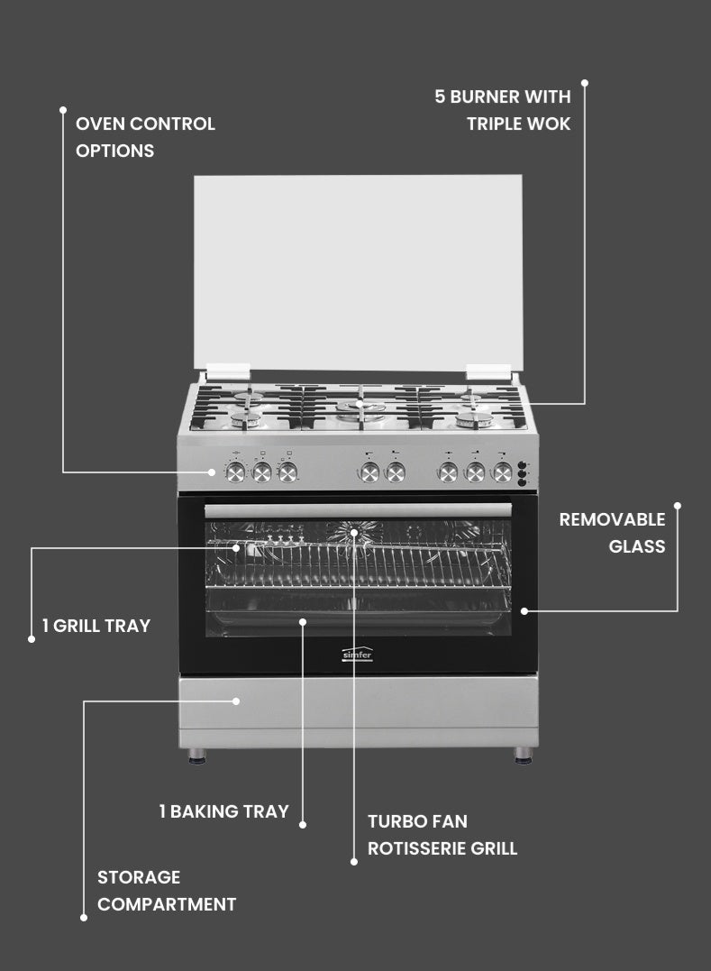 Simfer Gas Cooker 90x60 cm | 102L Oven Capacity | 5 Burner with Triple Wok | Turbo Fan Rotisserie Grill | Analog Timer Auto Ignition FFD | Stainless Steel | Model SMF9065GCL-N - Image 3