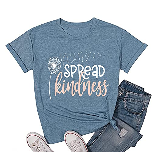 Bealatt Spread Kindness T Shirt for Women Summer Dandelion Graphic Tees Casual Funny Sayings Letter Printed Cute Shirts Tops-Blue L - Image 1