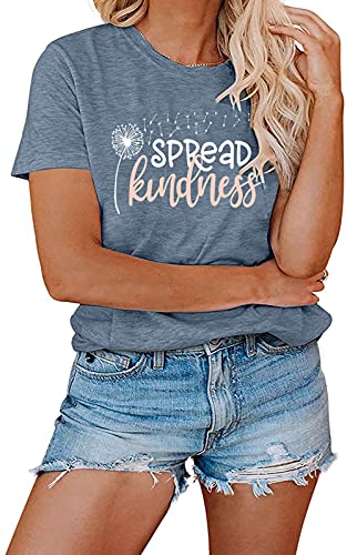 Bealatt Spread Kindness T Shirt for Women Summer Dandelion Graphic Tees Casual Funny Sayings Letter Printed Cute Shirts Tops-Blue L - Image 2