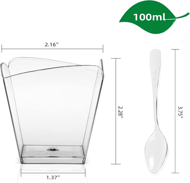 PLAZOTTA 100 Pack 3.5 oz Clear Plastic Dessert Cups with 100 Tasting Spoons  Square Parfait Appetizer Cups for Party  Weddings - Image 2