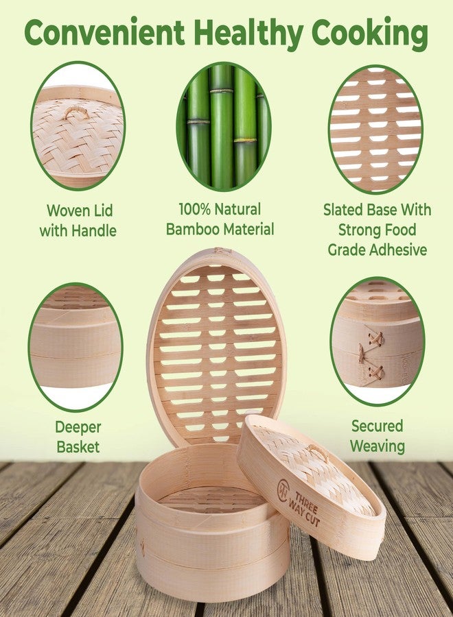 THREE WAY CUT 2-Tier 6" Bamboo Steamer With 100 Parchment Liners- 2 Bamboo Steamer Basket + Lid & 100 Steaming Liner Supplies, Mini Dumpling Steamers Basket For Cooking Bao Bun, Dim Sum Chinese Asian Food - Image 5