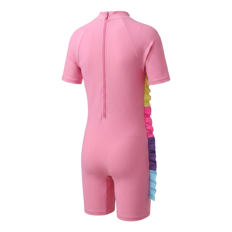 Miami Girls Unicorn Swimsuit One Piece Short Sleeve Rash Guard Swimwear with Back Zipper & Ruffle Detail (Rose Pink, 4) - Image 2