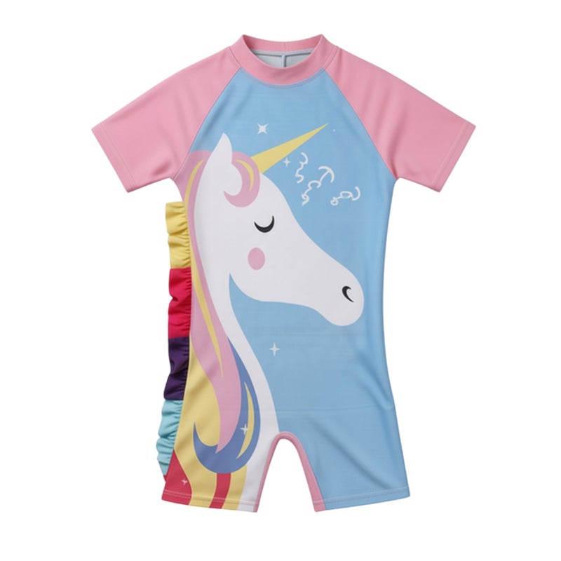 Miami Girls Unicorn Swimsuit One Piece Short Sleeve Rash Guard Swimwear with Back Zipper & Ruffle Detail (Rose Pink, 4) - Image 4