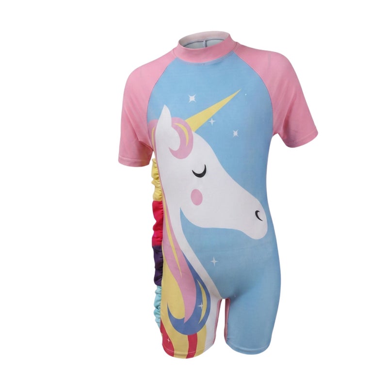 Miami Girls Unicorn Swimsuit One Piece Short Sleeve Rash Guard Swimwear with Back Zipper & Ruffle Detail (Rose Pink, 4) - Image 1