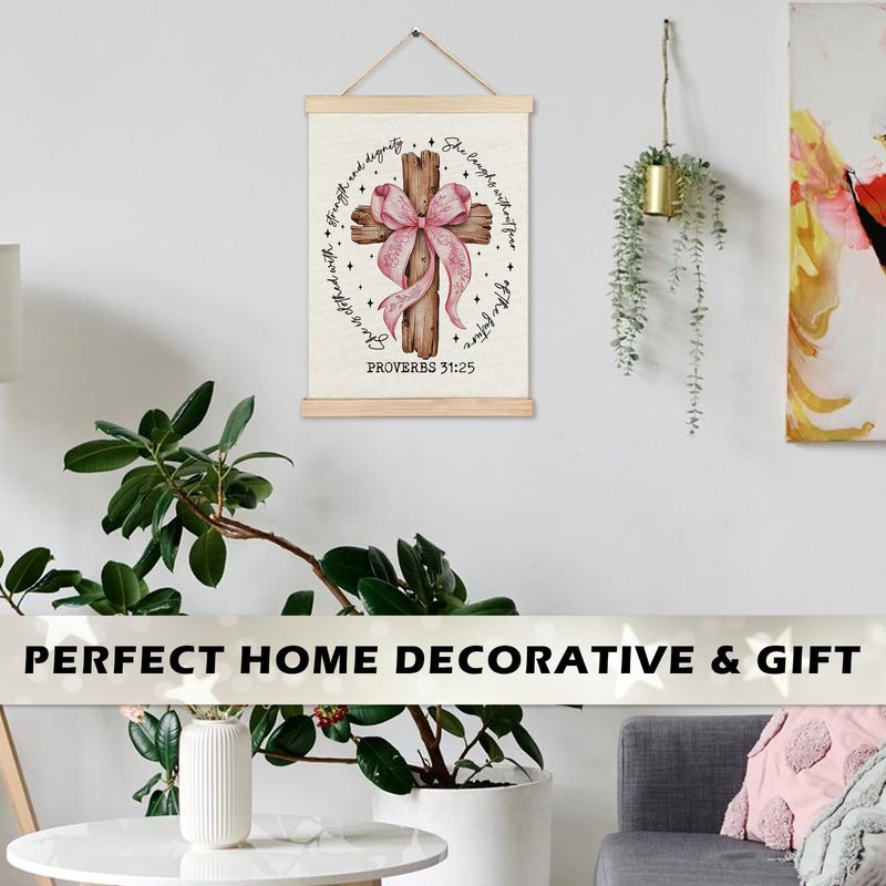 Ryycdoi Christian Wall Decor Coquette Pink Bow Cross 31 31 جدارًا ملصقًا آيات الكتاب المقدس ، جدار ديكور جدار مسيحي ديكور للفنون للبنات غرفة نوم جرلي 12x16 بوصة - Image 2