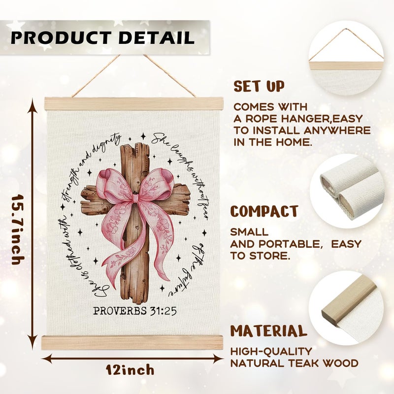 Ryycdoi Christian Wall Decor Coquette Pink Bow Cross 31 31 جدارًا ملصقًا آيات الكتاب المقدس ، جدار ديكور جدار مسيحي ديكور للفنون للبنات غرفة نوم جرلي 12x16 بوصة - Image 1