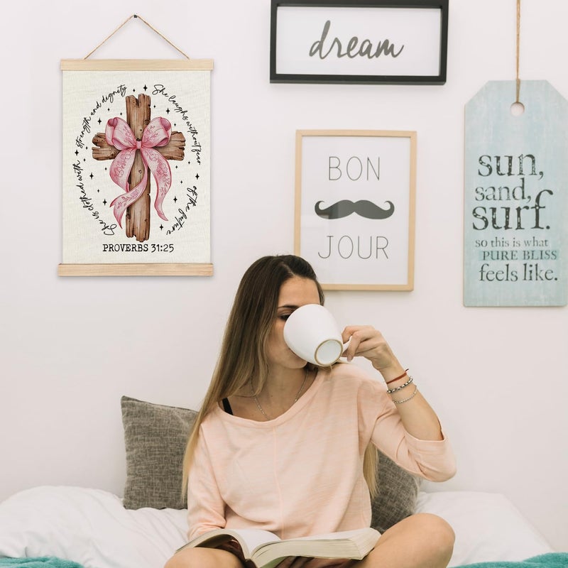 Ryycdoi Christian Wall Decor Coquette Pink Bow Cross 31 31 جدارًا ملصقًا آيات الكتاب المقدس ، جدار ديكور جدار مسيحي ديكور للفنون للبنات غرفة نوم جرلي 12x16 بوصة - Image 4