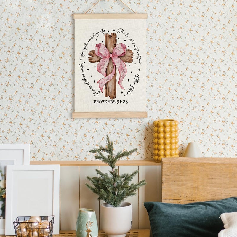 Ryycdoi Christian Wall Decor Coquette Pink Bow Cross 31 31 جدارًا ملصقًا آيات الكتاب المقدس ، جدار ديكور جدار مسيحي ديكور للفنون للبنات غرفة نوم جرلي 12x16 بوصة - Image 3