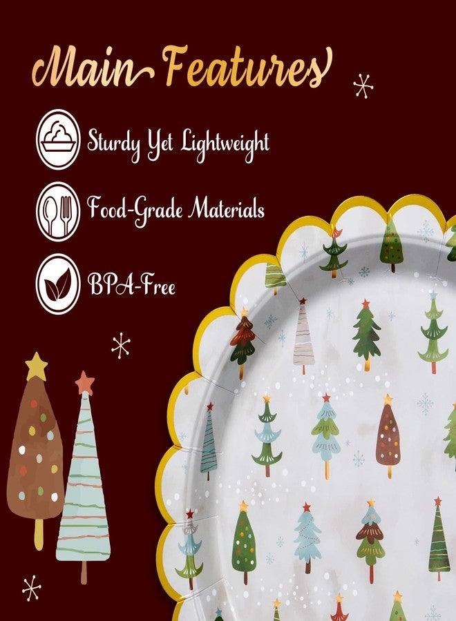 Confettiville Christmas Paper Plates, 50-Count Disposable Dinner Plates, Scalloped Gold, Party Supplies, Hand Drawn Christmas Trees - Image 5