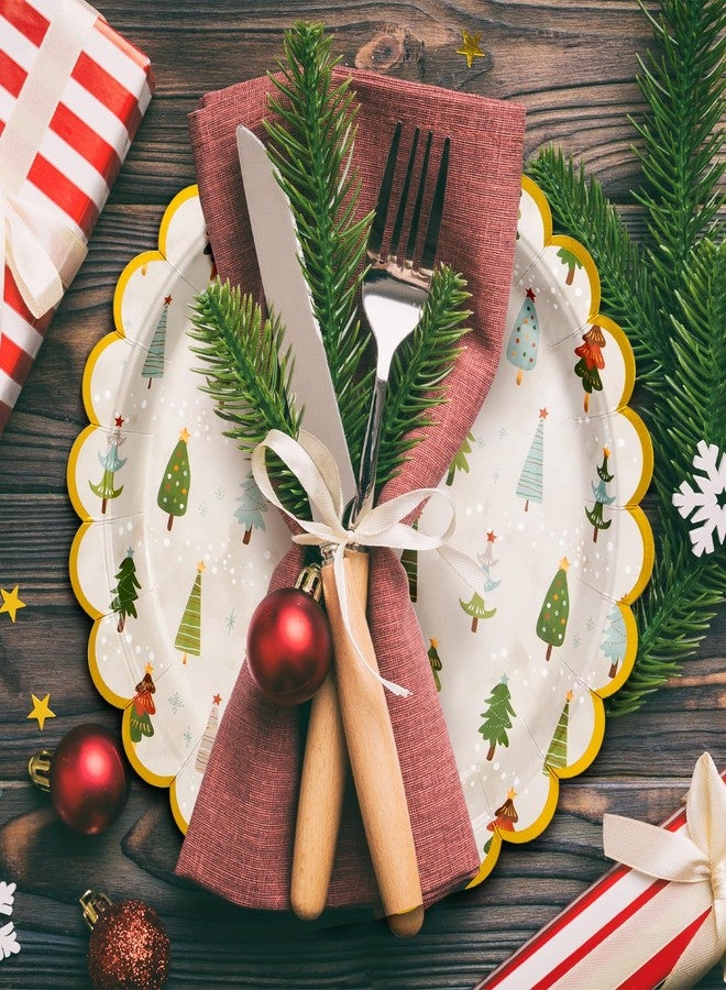 Confettiville Christmas Paper Plates, 50-Count Disposable Dinner Plates, Scalloped Gold, Party Supplies, Hand Drawn Christmas Trees - Image 3