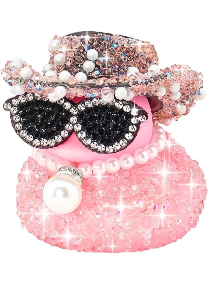 Cowboy Hat Rubber Duck, Black Diamond Rubber Duck Car Ornaments, Car Duck Decoration Dashboard, Cute Car Accessories with Squeaky Sound, Fun Gifts for Men Women Birthday New Year Christmas (Pink) - Image 1