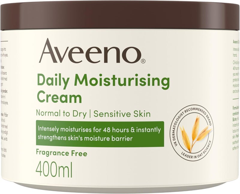 Aveeno Daily Moisturising Cream 1 x 400ml FragranceFree Moisturiser LongLasting 48 Hour Moisturisation Body Cream with Nourishing Oat and Shea Butter for Healthy Looking Dry Sensitive Skin