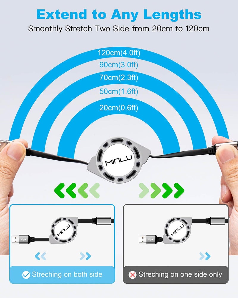 Minlu Multi Charging Cable 3A, [2Pack 4ft] Retractable Multi Charging Cord 3 in 1 Fast Charger Cord, USB C Charger Adapter with Lightning/Type C/Micro USB Ports for Cell Phones/iPhone/Samsung/PS/Tablets - Image 4