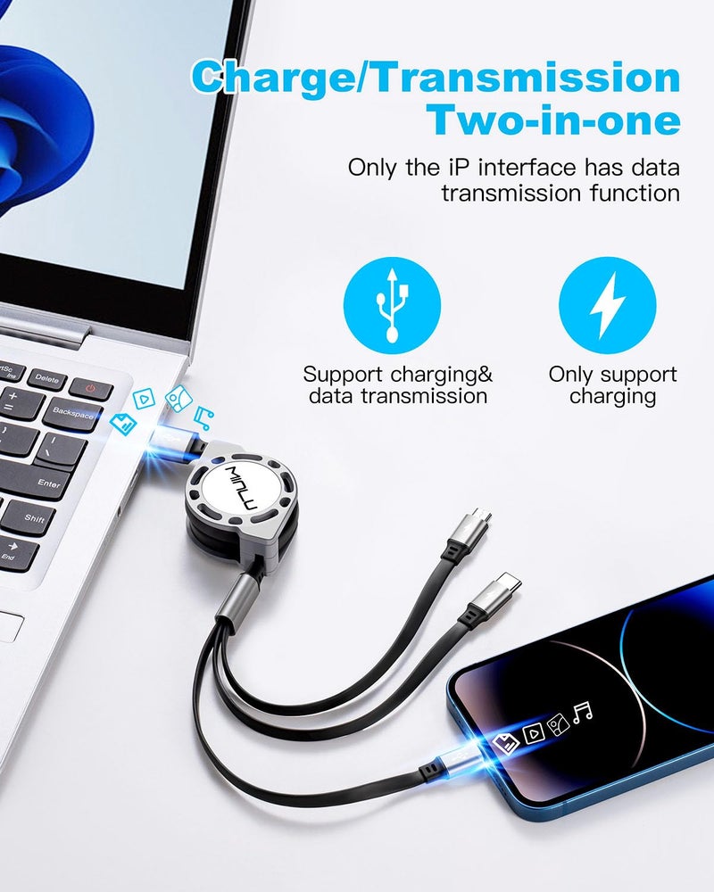 Minlu Multi Charging Cable 3A, [2Pack 4ft] Retractable Multi Charging Cord 3 in 1 Fast Charger Cord, USB C Charger Adapter with Lightning/Type C/Micro USB Ports for Cell Phones/iPhone/Samsung/PS/Tablets - Image 3