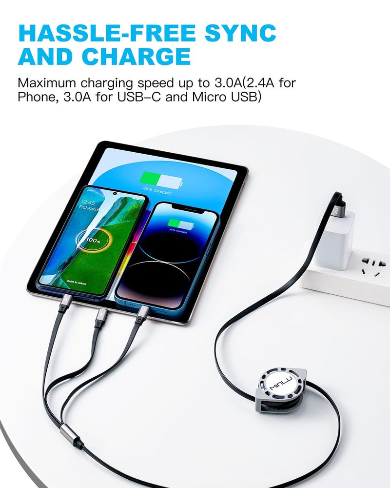 Minlu Multi Charging Cable 3A, [2Pack 4ft] Retractable Multi Charging Cord 3 in 1 Fast Charger Cord, USB C Charger Adapter with Lightning/Type C/Micro USB Ports for Cell Phones/iPhone/Samsung/PS/Tablets - Image 2