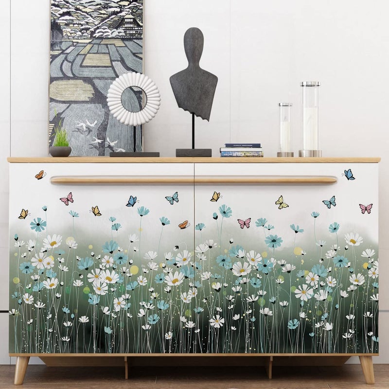 LiveGallery 2 Sheets Blue Daisy Wall Sticker White Flowers Wall Decals DIY Peel and Stick Butterflys Firefly Wall Stickers for Kids Girls Bedroom Living Room Bathroom Nursery Window Door Office Skirting Lines - Image 4