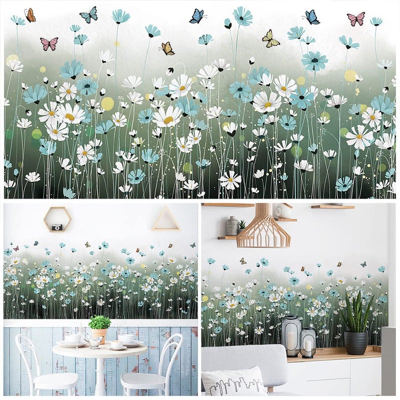 LiveGallery 2 Sheets Blue Daisy Wall Sticker White Flowers Wall Decals DIY Peel and Stick Butterflys Firefly Wall Stickers for Kids Girls Bedroom Living Room Bathroom Nursery Window Door Office Skirting Lines - Image 3