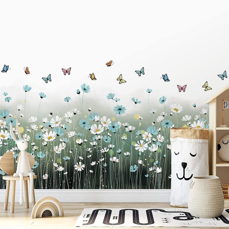 LiveGallery 2 Sheets Blue Daisy Wall Sticker White Flowers Wall Decals DIY Peel and Stick Butterflys Firefly Wall Stickers for Kids Girls Bedroom Living Room Bathroom Nursery Window Door Office Skirting Lines - Image 5