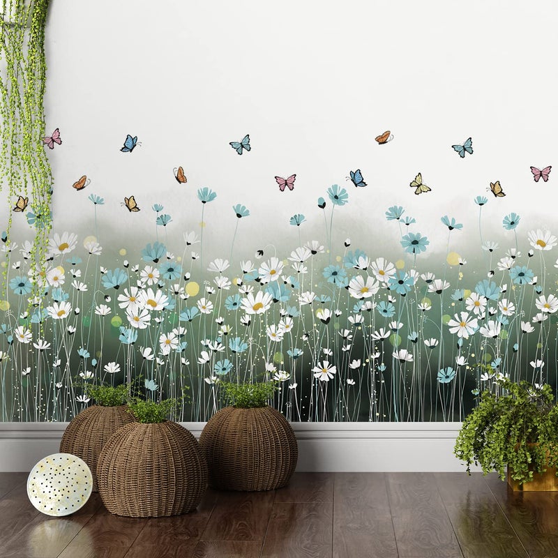LiveGallery 2 Sheets Blue Daisy Wall Sticker White Flowers Wall Decals DIY Peel and Stick Butterflys Firefly Wall Stickers for Kids Girls Bedroom Living Room Bathroom Nursery Window Door Office Skirting Lines - Image 1
