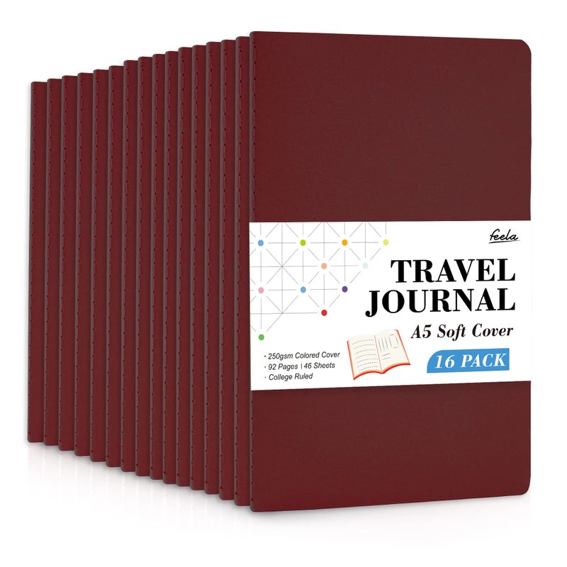Feela 16 Pack Soft Cover Journal Bulk, Feela Lined Notebooks College Ruled for Work for Women Girl Writing, Blank Travel Journal Note Taking Notebook School Business Supplies, 8.2â€ x 5.5â€, A5, Wine - Image 1