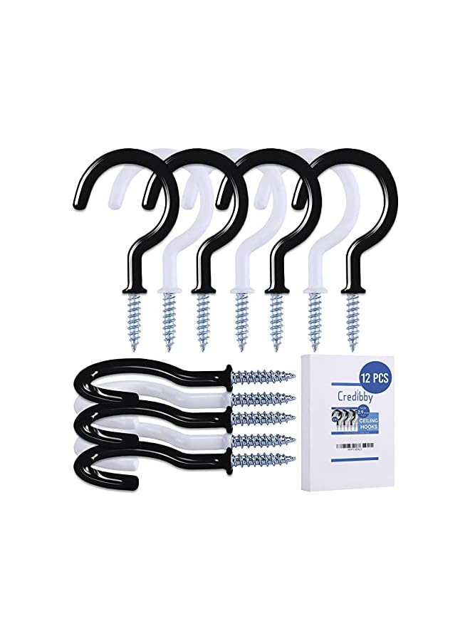 PROMASS promass |12 Pack|2.9 Inches Ceiling Hooks for Hanging Plants, Kitchen Utensils – Heavy Duty Screw-in Hooks for Hanging String Lights, Black & White Vinyl Coated Cup Hooks for Festive Decoration  - Image 3