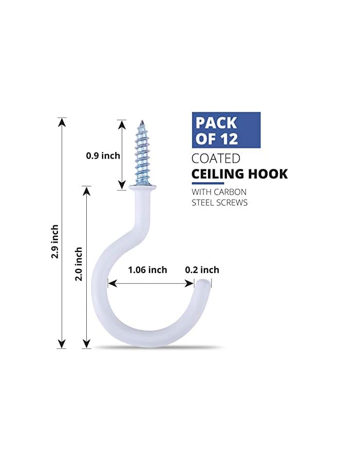 PROMASS promass |12 Pack|2.9 Inches Ceiling Hooks for Hanging Plants, Kitchen Utensils – Heavy Duty Screw-in Hooks for Hanging String Lights, Black & White Vinyl Coated Cup Hooks for Festive Decoration  - Image 2