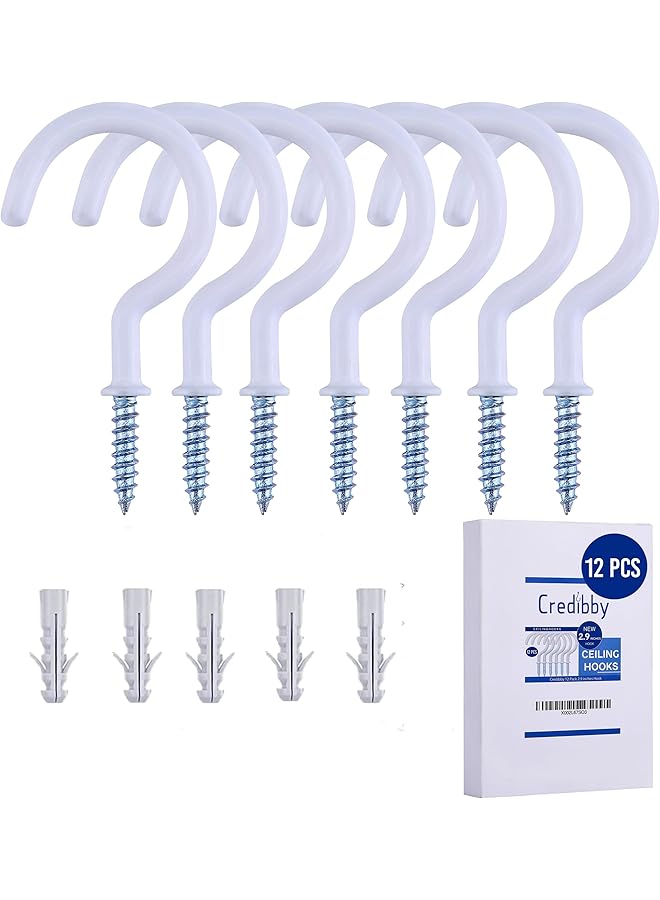 PROMASS promass |12 Pack|2.9 Inches Ceiling Hooks for Hanging Plants, Kitchen Utensils – Heavy Duty Screw-in Hooks for Hanging String Lights, Black & White Vinyl Coated Cup Hooks for Festive Decoration  - Image 1