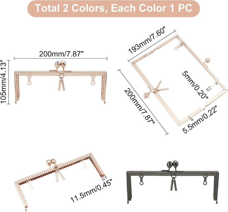 comfrt 2 Colors Metal Purse Frame Kiss Lock Clasp, 7.8 Inch Rectangle Coin Bag Rhinestone Kiss Clasp Retro Clutch Evening Bag Handle Decorative Frame Clip with Charm DIY Pouch Sewing Craft Hardware - Image 2