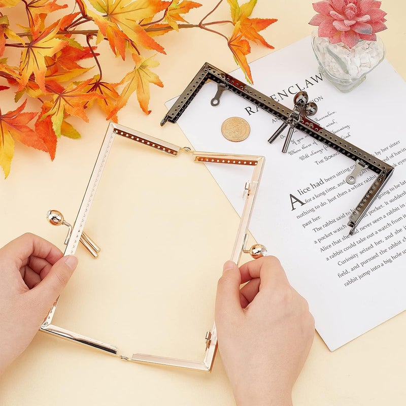 comfrt 2 Colors Metal Purse Frame Kiss Lock Clasp, 7.8 Inch Rectangle Coin Bag Rhinestone Kiss Clasp Retro Clutch Evening Bag Handle Decorative Frame Clip with Charm DIY Pouch Sewing Craft Hardware - Image 5