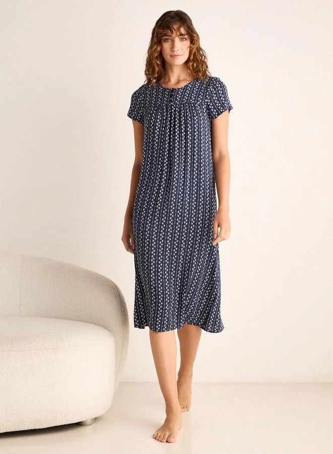 سبلاش فيڤ فستان نوم بطبعة كاملة بياقة مستديرة وأكمام قصيرة