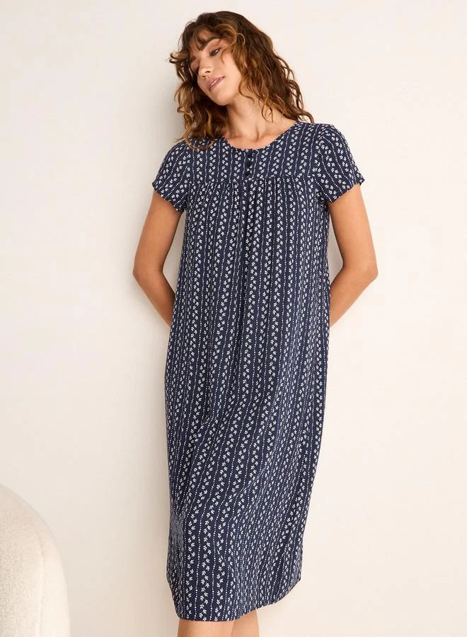 سبلاش فيڤ فستان نوم بطبعة كاملة بياقة مستديرة وأكمام قصيرة