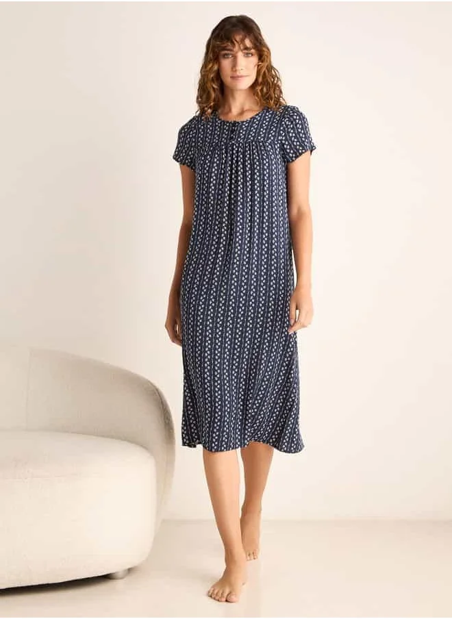 فاف All-Over Print Night Dress with Round Neck and Short Sleeves