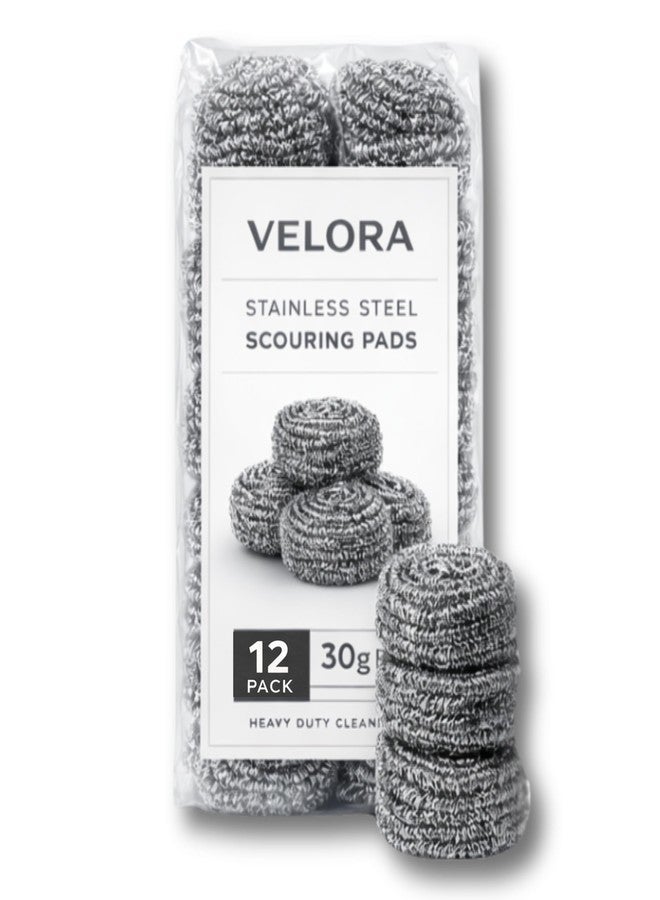 Velora Stainless Steel Scouring Pads - 12 Pack - Steel Wool Scrubbers for Pots, Pans, Dishes & Grills - Image 1
