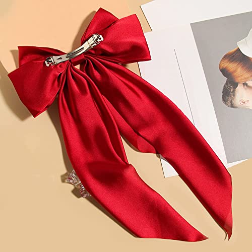 ZEPOLI Big Satin Layered Hair Bows for Women Girls 11 Inch Barrette Hair Clip Long Black Ribbon Bows French Style Hair Accessories (Red) - Image 4