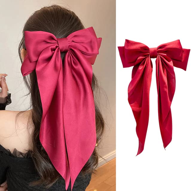 ZEPOLI Big Satin Layered Hair Bows for Women Girls 11 Inch Barrette Hair Clip Long Black Ribbon Bows French Style Hair Accessories (Red) - Image 1